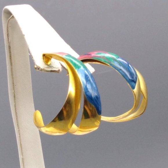 Vintage Enamel Split Hoop Earrings, Double Hoops in Gold Tone Stud with Green - Picture 3 of 4